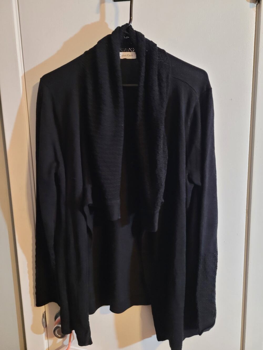 Calvin Klein Women’s Large Black Crochet Waterfall Cardigan Sheer Open Front
